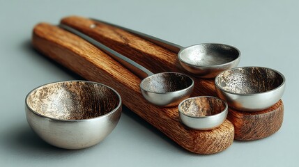 Artistic metal bowls and wooden spoons on a textured surface