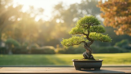 Small bonsai with carefully shaped branches demonstrating pruning and training methods for aesthetic appeal, suited for gardening layouts