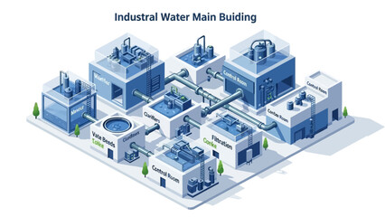 Fototapeta premium Industrial Water Main Building Complex with Pipelines and Systems