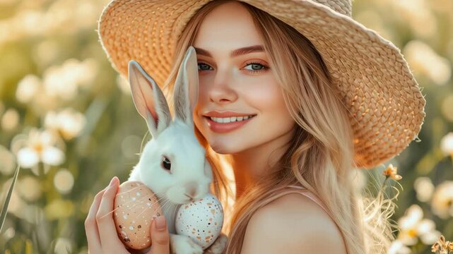 Enjoying spring with a bunny and colorful eggs in a sunny field