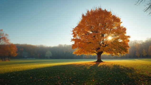 Fallen amber tree with colorful autumn leaves on lush green grass under bright sunlight, Earth Day