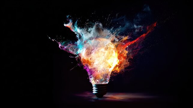 Lightbulb eureka moment with impactful inspiring artistic colourful explosion of paint energy, generative AI for creative concept, breakthrough inspiration, design project