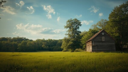 Obraz premium Old wooden house situated near dense forest, traditional rural building material