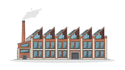 Fototapeta premium Illustration of a large brick factory with smoking chimney and sawtooth roof