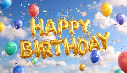 Golden Happy Birthday Balloons with Colorful Balloons and Confetti Against a Blue Sky with Clouds for Birthday Celebrations