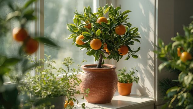 Indoor tangerine cultivation with fruits and houseplants on a windowsill, focusing on home gardening practices