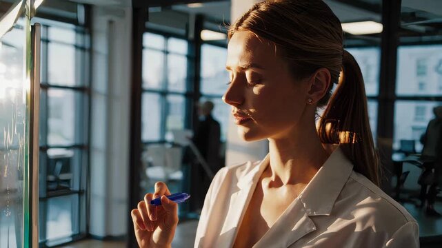 close-up of a focused young woman writing on a transparent glass board with a marker, collaborative brainstorming session, blurred colleagues in the background