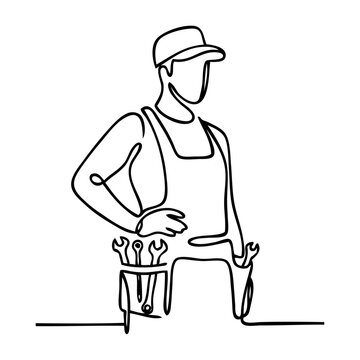 S&iacute;mbolo de trabajo industrial. Dibujo de trazo &uacute;nico de un hombre con ropa de trabajo y cintur&oacute;n de herramientas 
