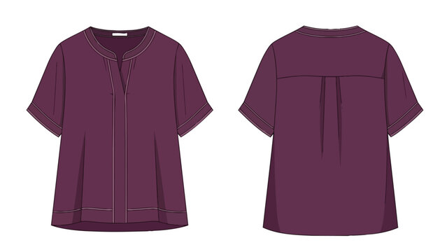 Fashion illustration of a plum colored short sleeve blouse shown from front and back views with subtle pleating and stitching detail