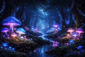 Fantasy night scene of a mystical forest lit by radiant mushrooms