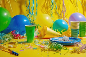 Colorful Party Decorations with Balloons, Cups, and Confetti on Yellow Background