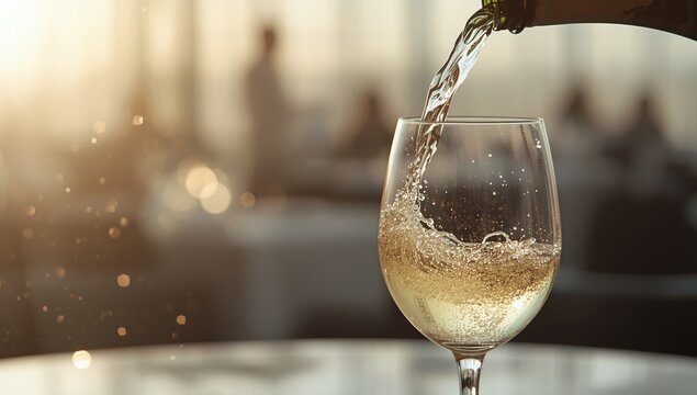 Close-up of wine being poured into glass, highlighting effervescence and splash action, ideal for drink advertising