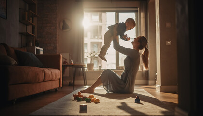 Loving Mother and Son having Family Time, Playful Moment in Bright Modern Home Interior