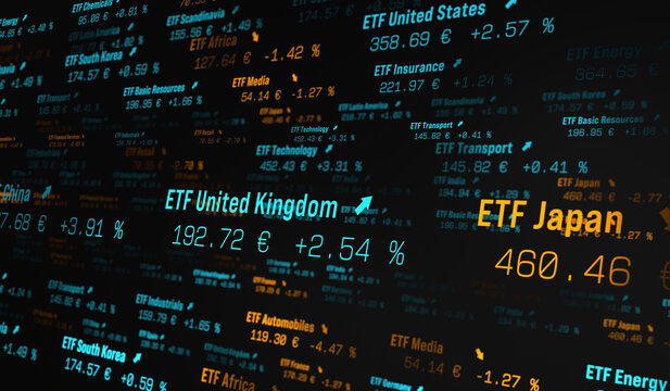 ETF exchange-traded fund, close up abstract stock market ticker with prices, percentage changes. Trading, investment, wealth, ticker board, financial market, business. 3D illustration