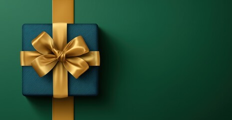 Blue Gift Box with Gold Ribbon and Bow on Green Background for Celebrations