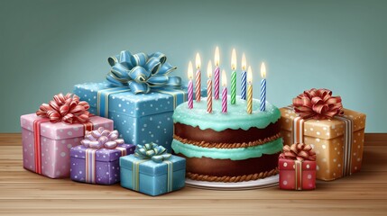Happy Birthday Celebration: Colorful Gifts and Cake with Candles on Wooden Table