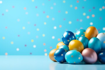 Polka dot and solid colored easter eggs arranged against a blue festive background