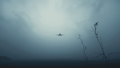 Obraz premium Approaching aircraft amid thick fog in fall, highlighting navigation and safety considerations