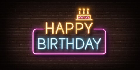 Vibrant Neon Happy Birthday Sign on Brick Wall Background for Party Decor and Celebration Graphics