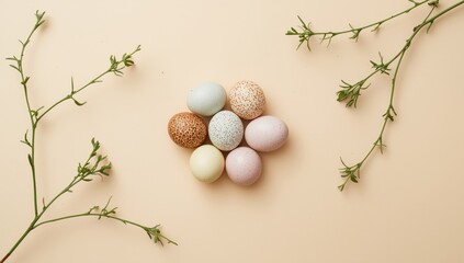 Eggs and green branches on beige background arranged for food photography or recipe layout, World Egg Day