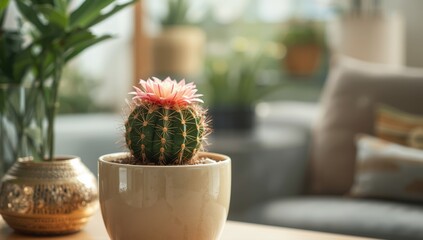 Ariocarpus fissuratus cactus in a container with blooming flowers, serving as a naturalistic UI backdrop, World Plant Day