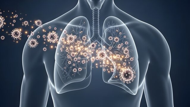 Transparent human torso showing lungs infected with virus. Respiratory health and medical science. Microscopic virus particles attacking the pulmonary system in a digital 3D model