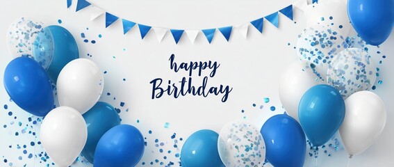 Blue and White Balloons, Confetti, and Bunting for a Happy Birthday Celebration