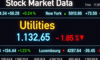 Obraz premium Utility index moving down, negative percentage change, stock market data. Trading screen, business and sector information concept. 3D illustration