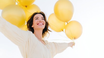 Joyful Woman with Yellow Balloons in Outdoor Celebration