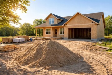Sunny morning at a single family house construction site with a sand pile and copy space