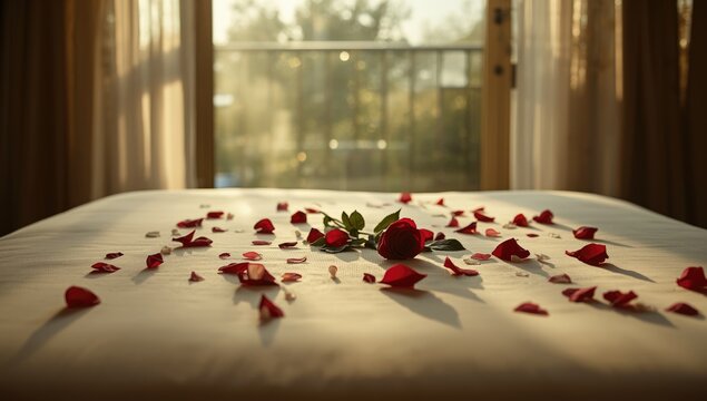 Hotel bed adorned with rose petals for a romantic night, ideal for intimate celebrations