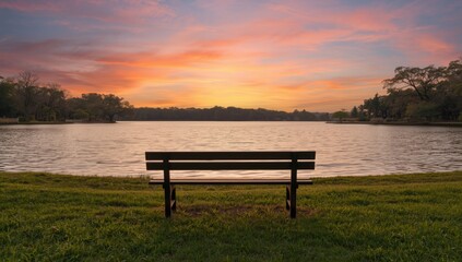 Obraz premium Lakeside landscape with a solitary bench under a glowing orange sky, suitable for tranquil outdoor activities, World Nature Day