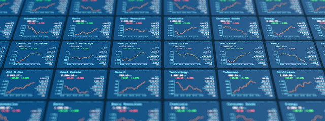 Stock market chart and data, industrial sectors, automobiles, banks telecoms, energy, chemicals, media, insurance, transport, insurance. Trading screen, investing, information, prices. © Westlight