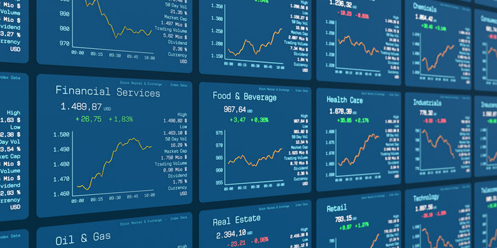 Stock market chart and data, industrial sectors, financial services, food and beverage, health care. Financial markets, trading screen, investing, information, return on investment, prices.