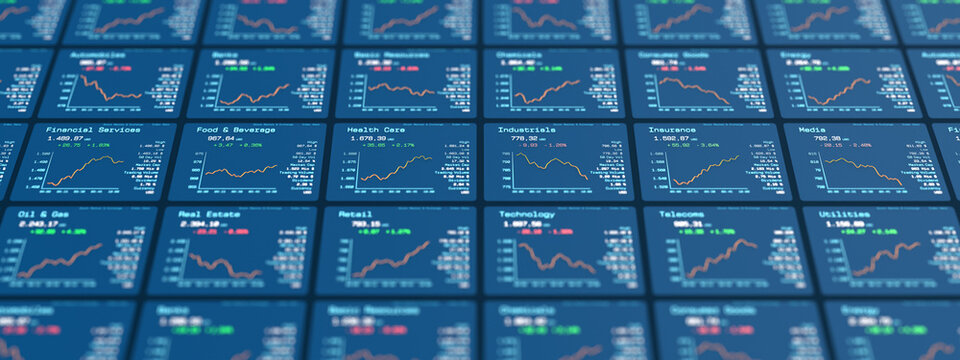 Stock market chart and data, industrial sectors, automobiles, banks telecoms, energy, chemicals, media, insurance, transport, insurance. Trading screen, investing, information, prices.