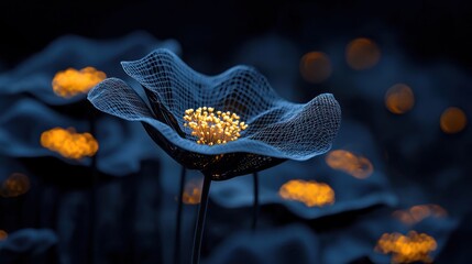 A close-up of a digital flower with wireframe petals and glowing center, set against a dark, bokeh-filled backdrop