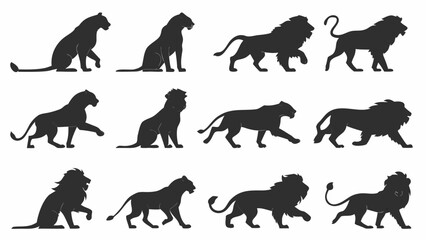 Dynamic Black Lion Silhouettes Collection Illustrating Various Poses and Natural Movements