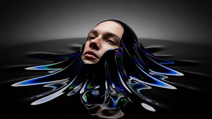 Surreal 3D illustration of a woman's face emerging from dark iridescent black liquid, conceptual art for mystery, oil, and transformation.