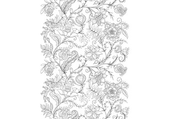 Botanical floral seamless ornament. Vintage hand drawn pattern with ornate garden flowers, leaves and intricate decorative swirls for textile wallpaper. Classic elegant motif design.