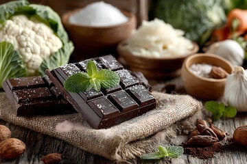 Dark chocolate bars with sea salt and mint surrounded by healthy vegetables