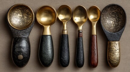 Ornate antique serving spoons with intricate metalwork and decorative handles