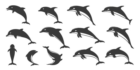 Black silhouette dolphin vector graphics for marine themed designs and illustrations