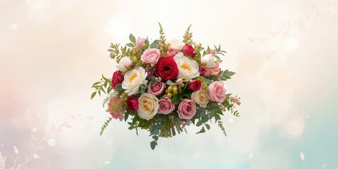 Obraz premium Bohemian floral arrangement featuring roses designed for wedding stationery and event announcements, wedding planning