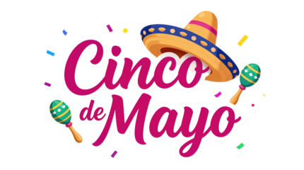 Festive Cinco de Mayo text with sombrero and maracas