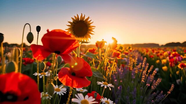 A vibrant field of red poppies and yellow sunflowers stretches under the clear sky as the sun rises. This scene of poppies and sunflowers captures the essence of a beautiful morning garden.