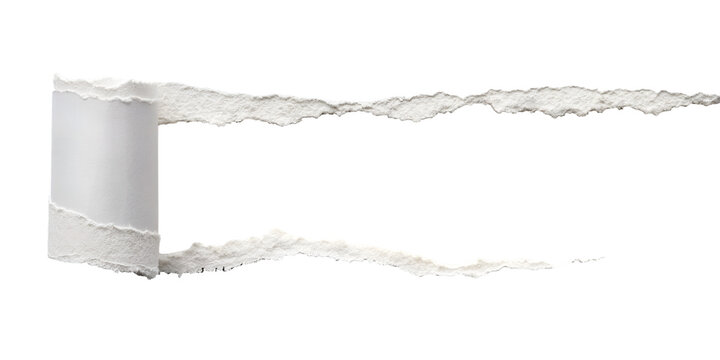 A realistic white paper is torn open, revealing a clear empty space, with edges curled back, isolated on a transparent background