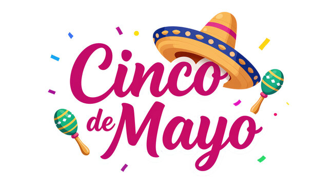 Festive Cinco de Mayo text with sombrero and maracas