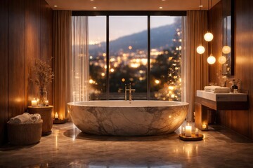 Luxury hotel bathroom interior with stone floor and wood walls featuring a modern marble bathtub and large windows with glowing bokeh effect