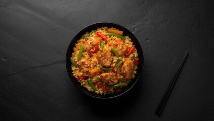 Chicken breasts and vegetables in Szechuan Rice presented in a black bowl on dark slate, highlighting spicy dish preparation