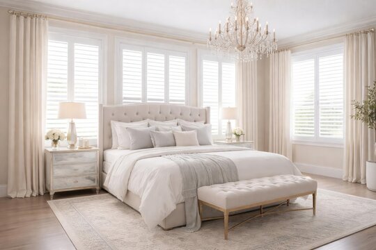 Serene bedroom environment with white plantation shutters and luxurious furnishings